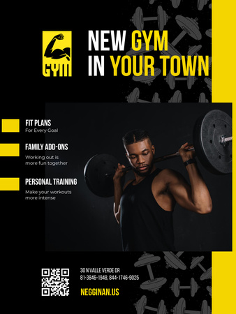 Plantilla de diseño de Excelente promoción de gimnasio con entrenamientos con barra Poster US 