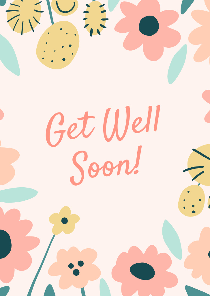 Get Well Soon Wish With Illustrated Flowers Postcard A6 Vertical Πρότυπο σχεδίασης