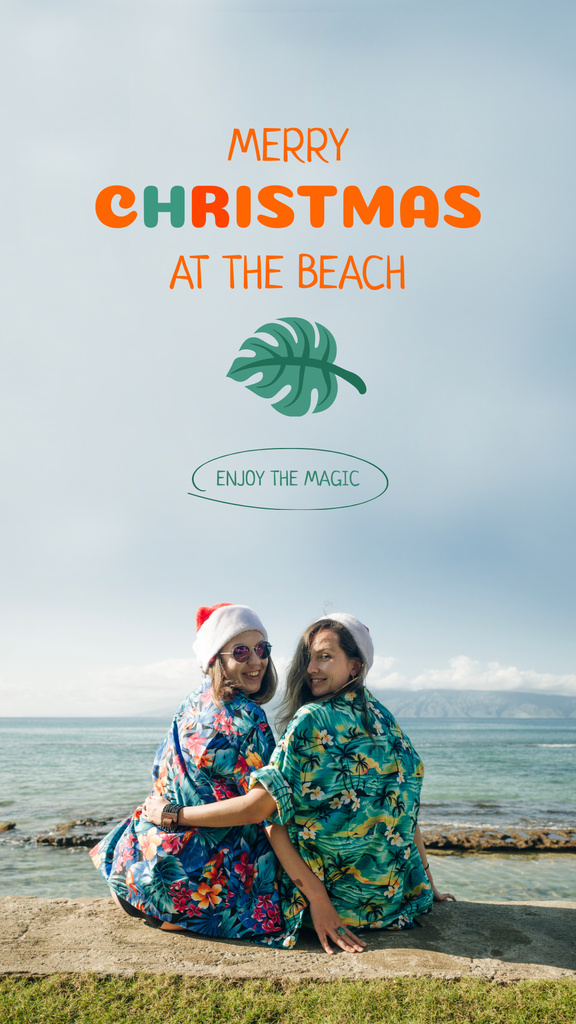 Template di design Girls celebrating Christmas in Tropical Shirts on Beach Instagram Story