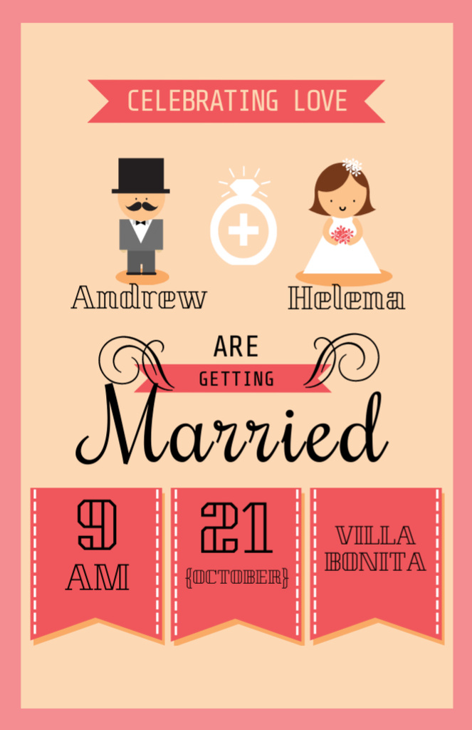 Wedding Celebration Invitation with Illustration of Groom and Bride Flyer 5.5x8.5in – шаблон для дизайна