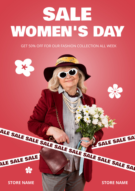 Plantilla de diseño de Happy Elder Woman with Flowers on International Women's Day Poster 
