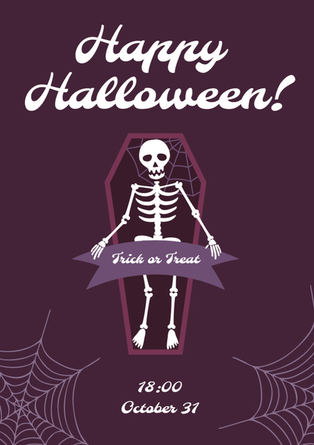 Halloween Greeting with Skeleton in Coffin Poster A3 Design Template