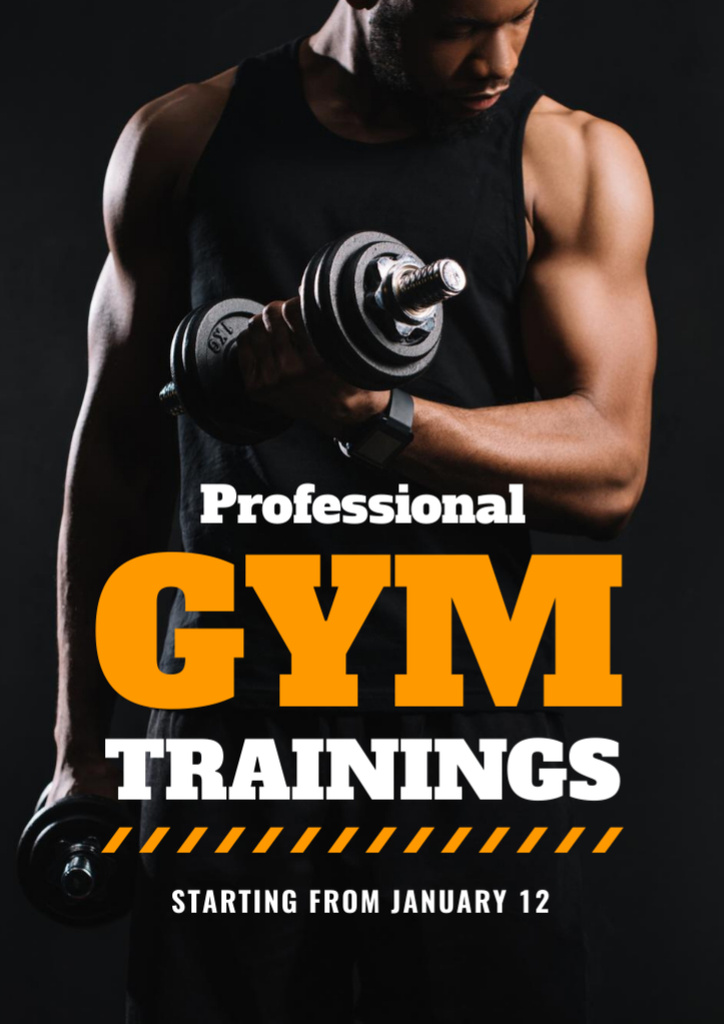 Gym Advertisement with Muscular Man Lifting Dumbbell Flyer A4 Modelo de Design