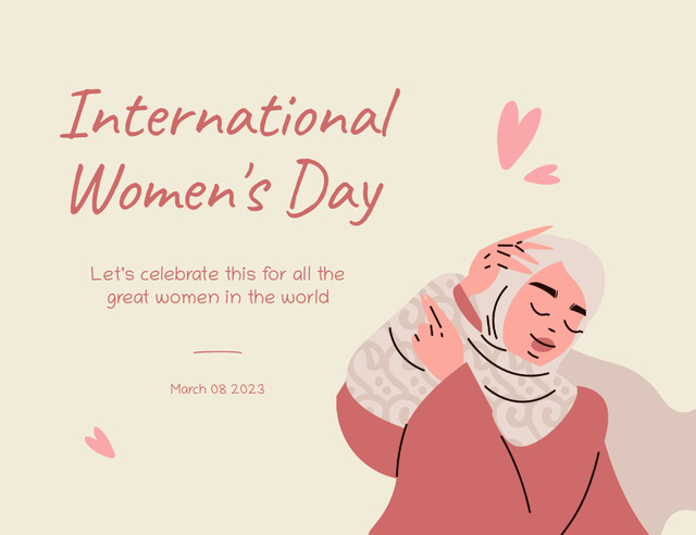 Worldwide Women's Equality Day Greeting with Illustrated Muslim Woman Thank You Card 5.5x4in Horizontal Tasarım Şablonu