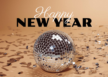 Yeni Yıl Tatili Konfeti ve Disko Topu ile Parlak Tebrik Postcard Tasarım Şablonu