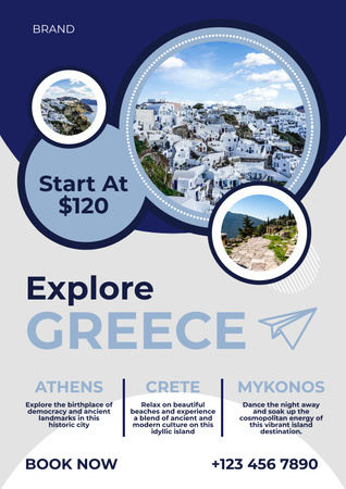 Matkusta Kreikkaan harmaalla ja sinisellä Poster Design Template