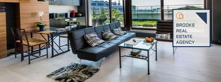 Real estate agency with cozy living room Facebook cover Modelo de Design