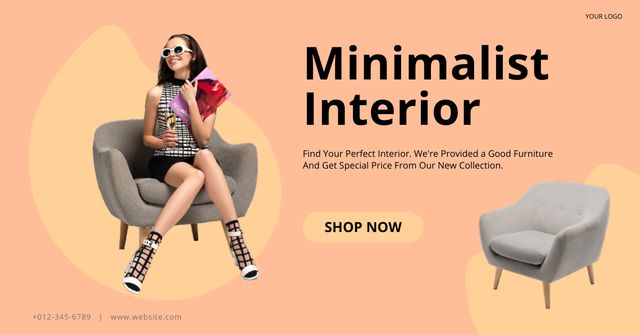 Template di design Offer of Minimalist Interior with Woman on Chair Facebook AD