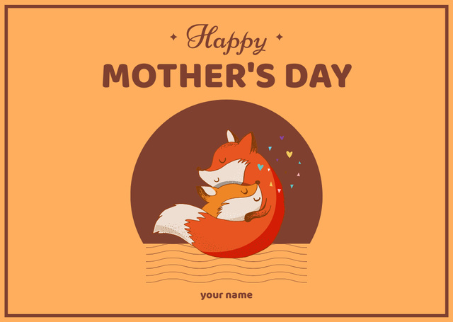Cute Mom and Kid Foxes on Mother's Day Card Design Template