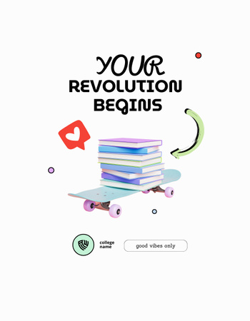 Stack of Colorful Books on Skateboard T-Shirt Design Template