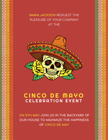 Designvorlage Ankündigung der Cinco de Mayo-Feier mit Totenkopf in Sombrero auf Rot für Invitation 13.9x10.7cm