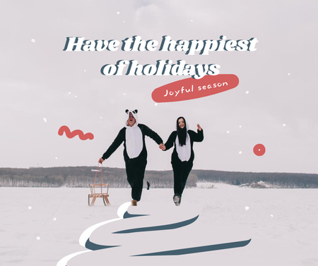 Ontwerpsjabloon van Facebook van Winter Holidays Greeting with Couple in Funny Costumes