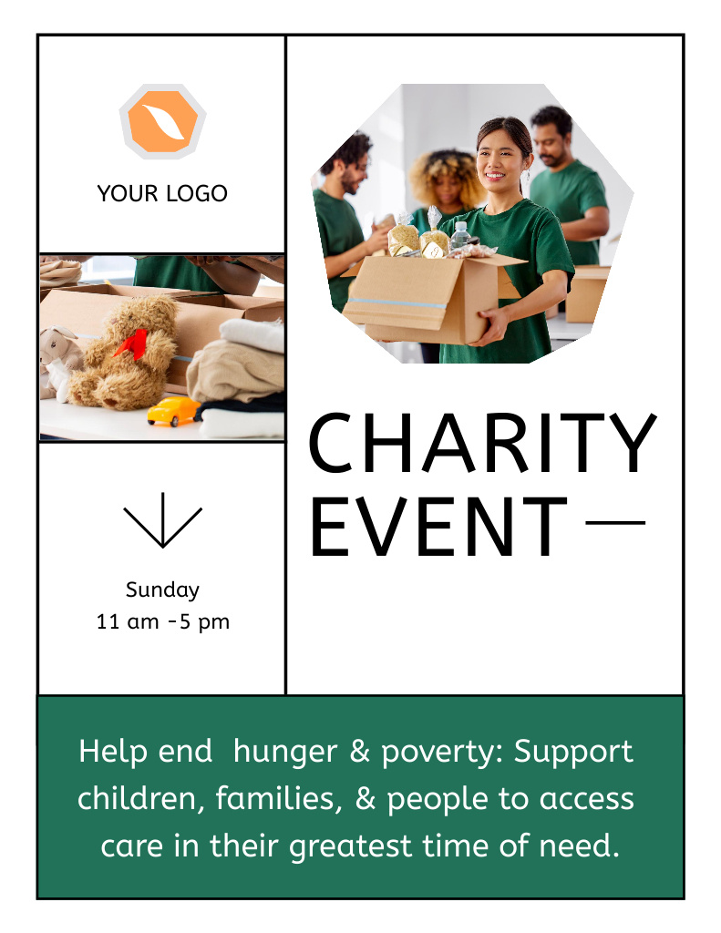Plantilla de diseño de Charity Event Announcement with Volunteers and Boxes Flyer 8.5x11in 
