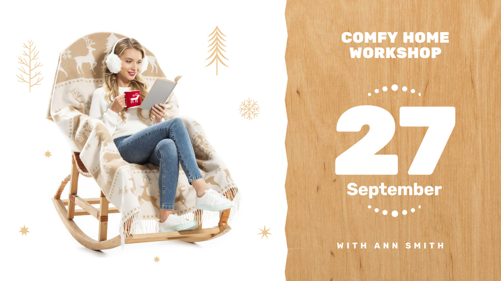 Plantilla de diseño de Wooden Furniture Workshop with Woman in Rocking Chair FB event cover 