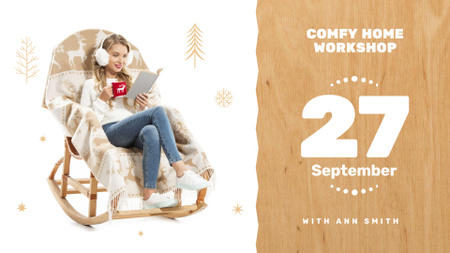 Szablon projektu warsztaty mebli drewnianych z kobietą w fotelu rockowym FB event cover