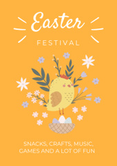 Easter Festival Announcement with Cute Chick and Eggs