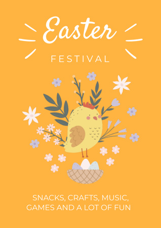 Easter Festival Announcement with Cute Chick and Eggs Flyer A4 Design Template