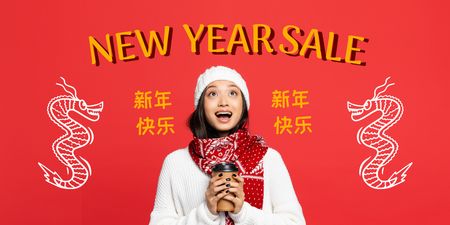 Chinese New Year Sale Announcement with Excited Woman Twitter Design Template