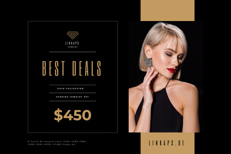 Jewelry Sale with Woman in Golden Earrings Poster 24x36in Horizontal tervezősablon