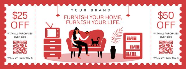 Home Furniture Discount Red Illustrated Coupon Design Template