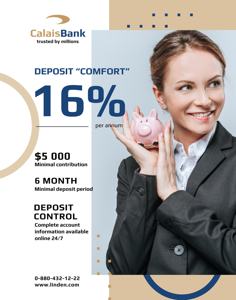 Deposit and Banking Services Offer with Smiling Woman Poster 22x28in Πρότυπο σχεδίασης