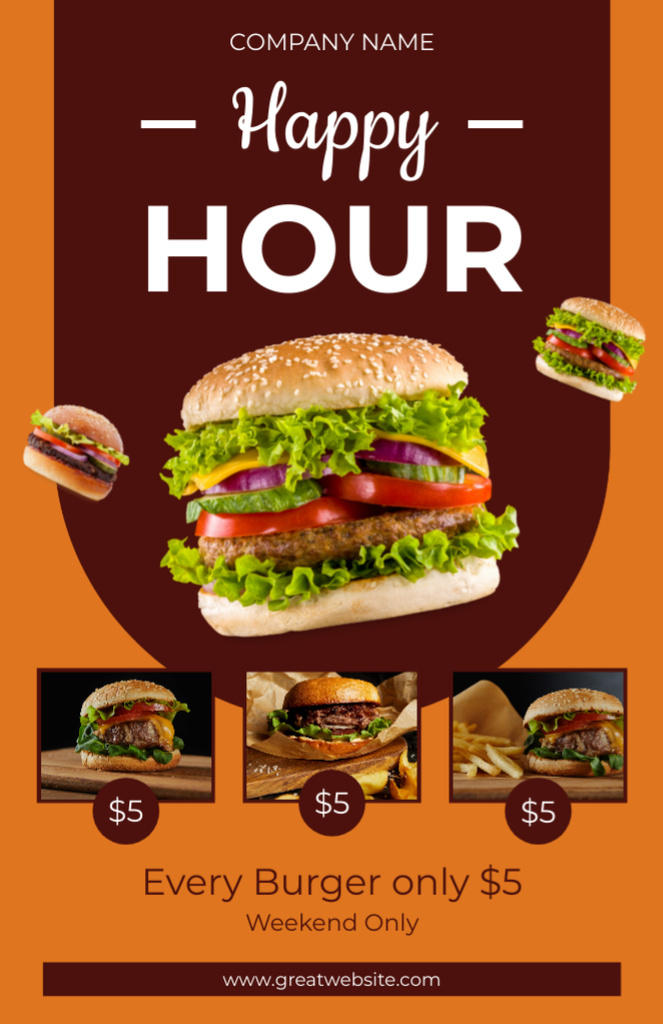 Happy Hour Ad with Tasty Burger Offer Recipe Cardデザインテンプレート