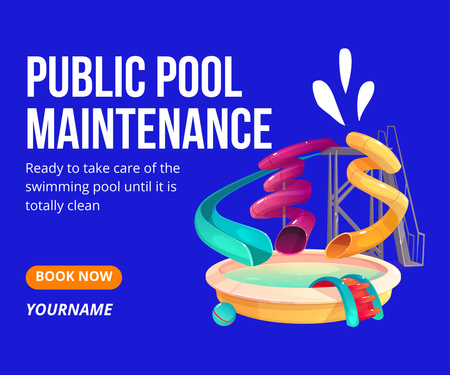 Public Pool Maintenance Service Announcement with 3d Illustration Large Rectangle Design Template