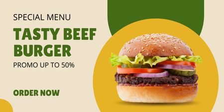 Order Now Yummy Beef Burger Twitter tervezősablon