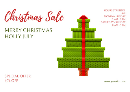 July Christmas Sale Offer with Green Gift Boxes Flyer A6 Horizontal Design Template
