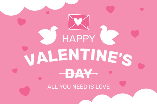 Cute Doves With Hearts For Valentine's Day Postcard 4x6in Modelo de Design