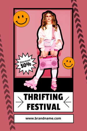 Retro teenager for thrifting festival pink Pinterest Design Template