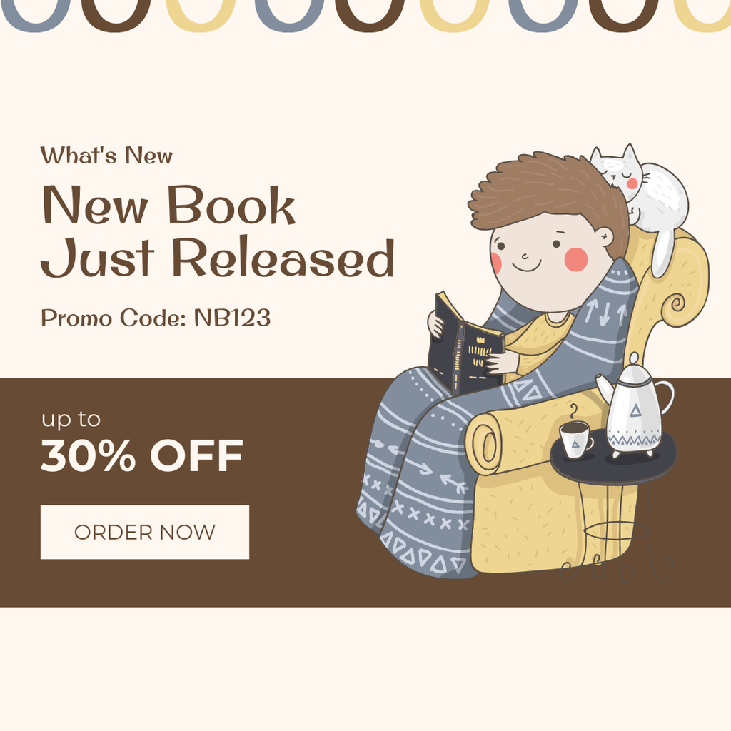 Designvorlage Discount on New Children's Books with Boy reading in Chair für Instagram