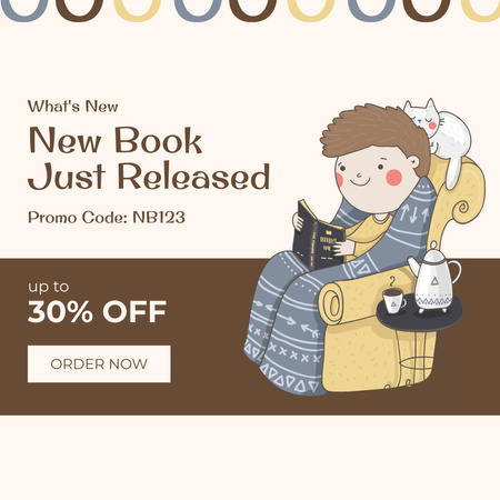 Discount on New Children's Books with Boy reading in Chair Instagram Design Template