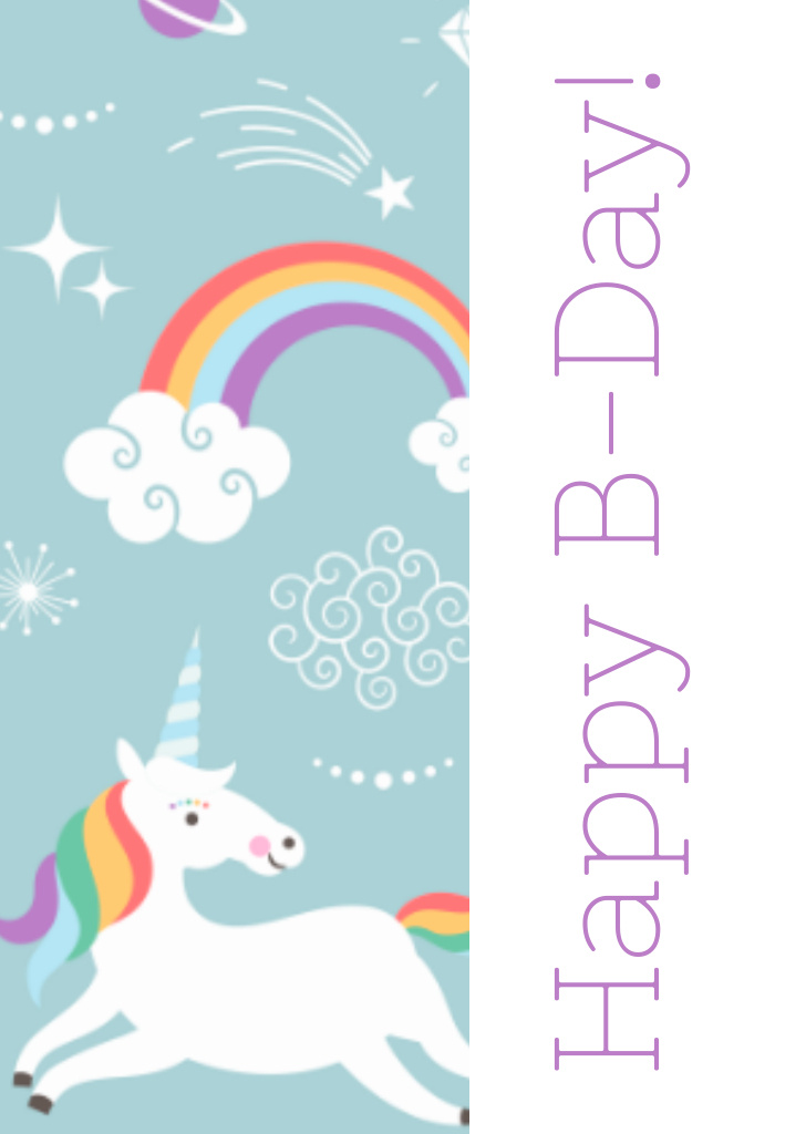 Happy Birthday Greeting With Magical Unicorns Postcard A6 Vertical Design Template