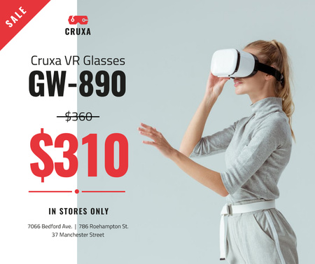 Platilla de diseño Gadgets Sale Woman Using VR Glasses Facebook