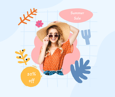 Plantilla de diseño de Anuncio de venta de verano con mujer joven en traje brillante Facebook 