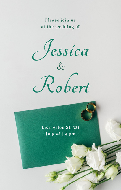 Platilla de diseño Wedding Announcement With Engagement Rings and Flowers Invitation 4.6x7.2in