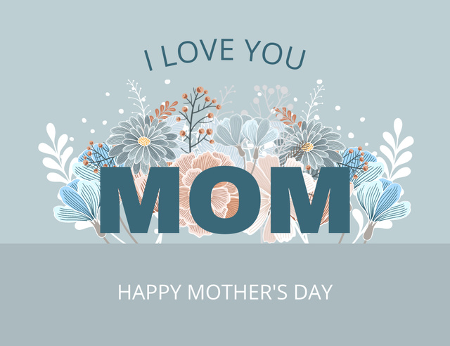 Mother's Day Greeting with Flowers on Blue Thank You Card 5.5x4in Horizontal Design Template