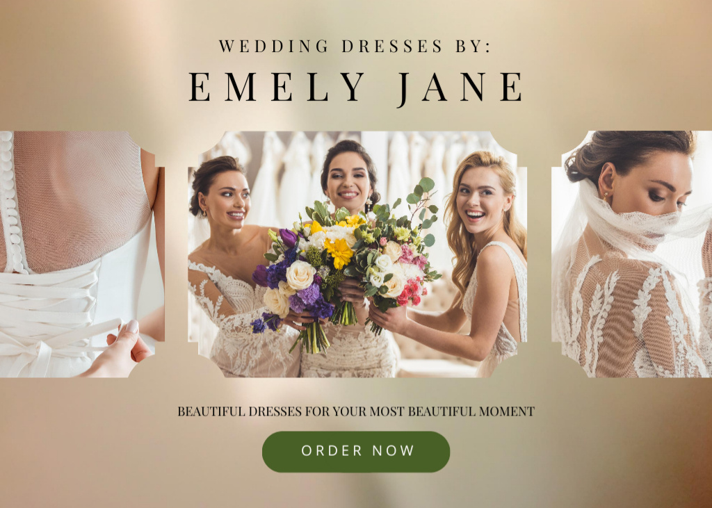 Plantilla de diseño de Wedding Dresses Ad with Cheerful Brides Postcard 5x7in 
