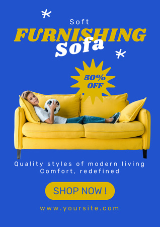 Реклама мебельного магазина с милым мальчиком, лежащим на современном желтом диване Poster – шаблон для дизайна