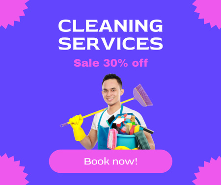 Man with Broom and Bucket for Cleaning Service Offer Facebook Design Template
