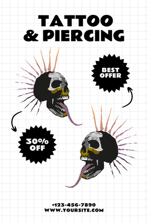 Ontwerpsjabloon van Pinterest van Skulls Tattoo And Piercing With Discount Offer