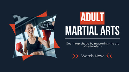 Designvorlage Promo für Kampfsport für Erwachsene mit starker Frau im Fitnessstudio für Youtube Thumbnail