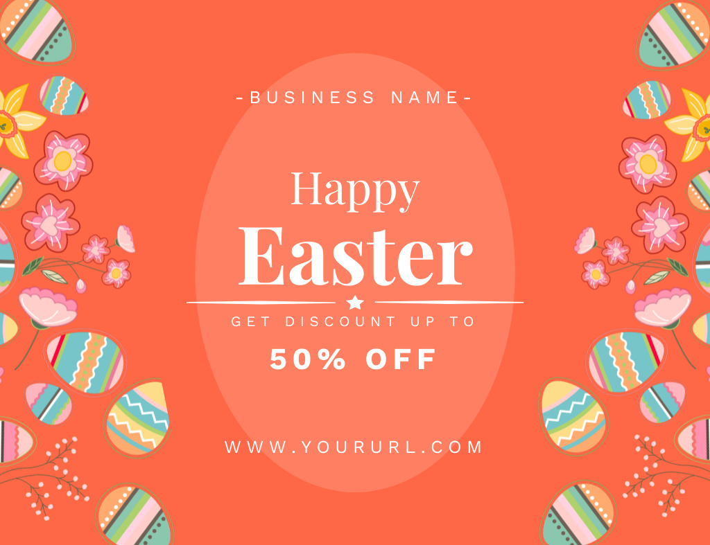 Easter Holiday Sale Announcement with Eggs on Orange Thank You Card 5.5x4in Horizontal Design Template