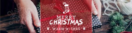 Merry Christmas Greeting with Woman wrapping Gift Twitter Design Template