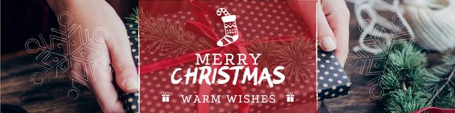 Merry Christmas Greeting with Woman wrapping Gift Twitter Modelo de Design