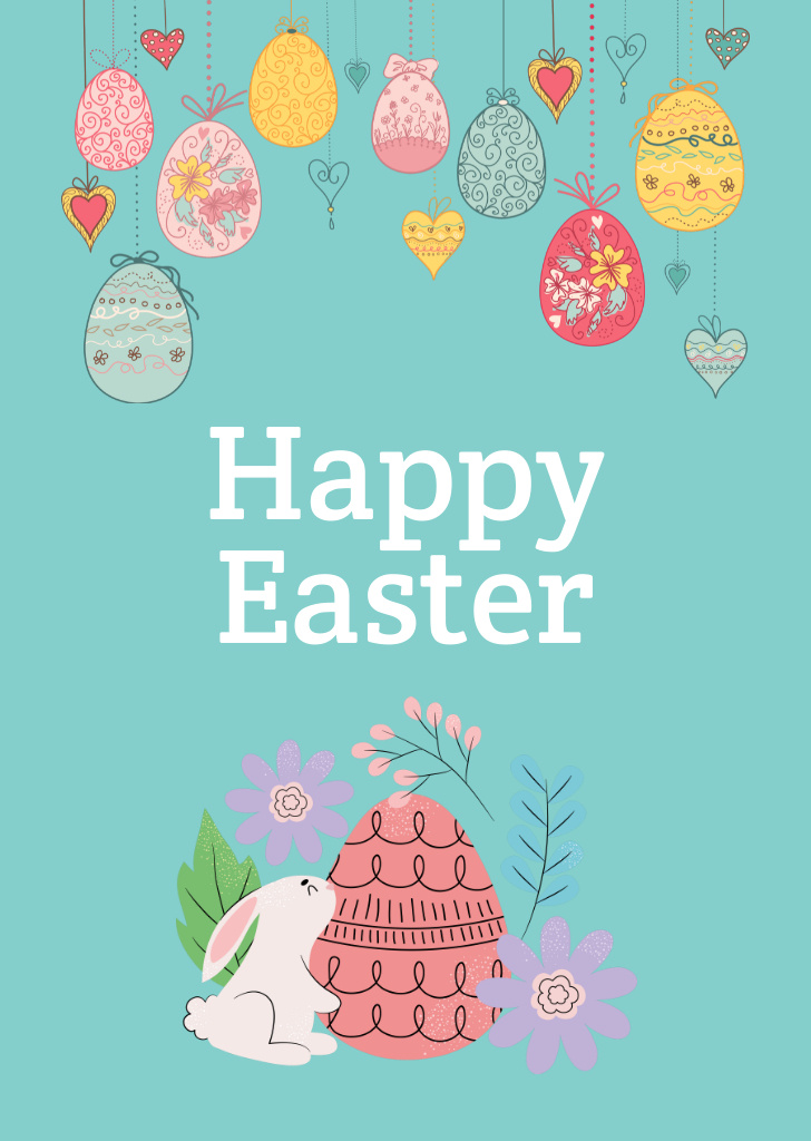 Easter Greeting With Bunnies And Eggs Postcard A6 Vertical Design Template