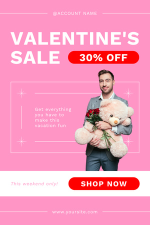Designvorlage Valentinstag-Verkauf mit nettem Mann mit Teddybär für Pinterest