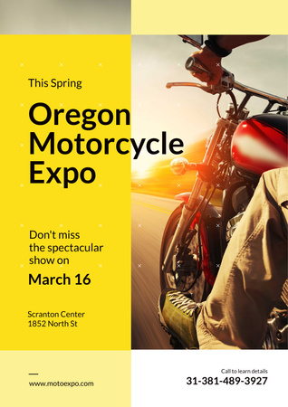 Motorcycle Exhibition with Man Riding Bike on Road Poster Modelo de Design