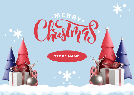 Joulutervehdys puiden ja porojen kanssa lumella Postcard Design Template